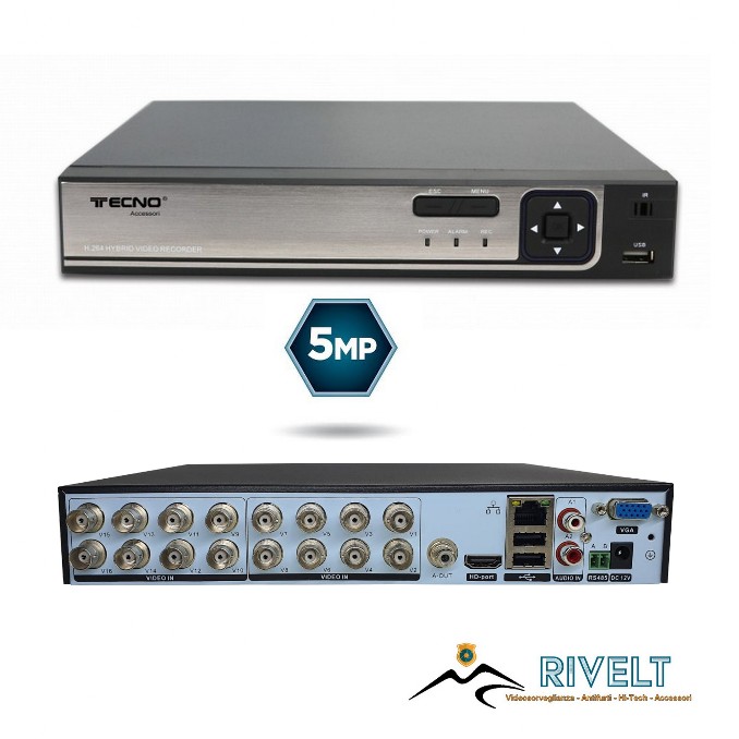 Dvr Tecno 5 MPX 16 Canali Compatibile con tutti i tipi di telecamere